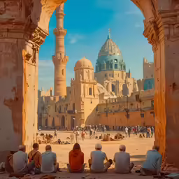 some people are sitting on the ground in front of an ancient building