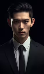 a person in a suit and tie looking directly into the camera,an asian man wearing a suit and tie