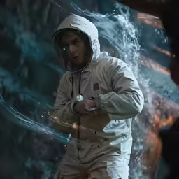 a man in an astronaut suit is seen through the water