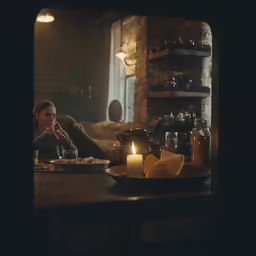 a woman sitting at a dinner table surrounded by candlelight