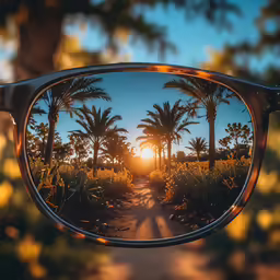 the reflection in the sunglasses shows the sun between palm trees