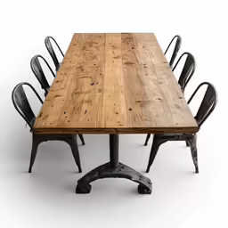 a wooden table with chairs around it