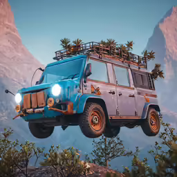 an old vehicle is shown flying through the air