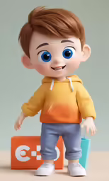 a kid doll with blue eyes and brown hair is next to a cube and building block