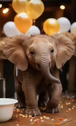 an elephant with some yellow balloons in the background