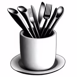 a cup with forks and spoons that has the word cafe on it