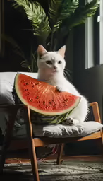 a white cat sitting on a chair, behind a watermelon slice
