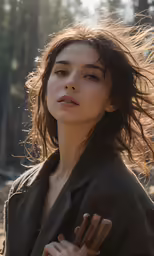 a young woman with the sun shining on her head and hair in wind