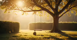 a sunlit park with a swing swing and trees in the background