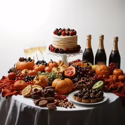 a table topped with two cakes and assorted fruits