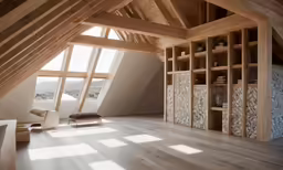 a living room with a loft like structure