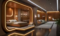 a luxurious bedroom has lots of light and modern decor