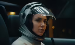 a person in a helmet in a car