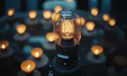 there is a light in the middle of a table with a lot of lit candles