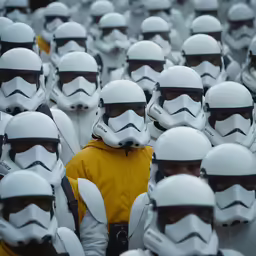 a crowd of star wars characters wearing stormtroopers
