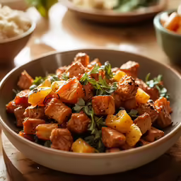 a bowl of food sits on a table