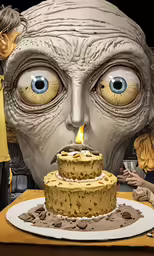 a statue of a girl blowing out a candle on a cake