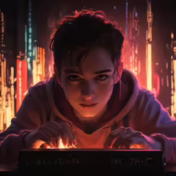 a young woman sitting at a table with a laptop in front of her
