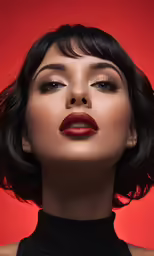 woman with very short dark hair in profile wearing red lipstick