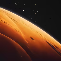an orange planet is surrounded by small stars