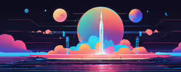 an abstract illustration of a space rocket in the sky,an abstract scene with a rocket in the distance