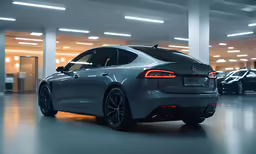 two gray cars parked in an indoor parking lot