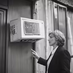woman with finger pressing something off of a television