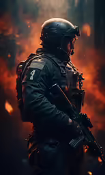 a man in helmet holding a machine gun while wearing gas