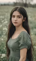 a woman standing in a field full of white flowers