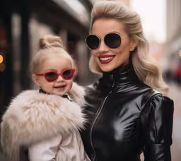 a beautiful blonde woman with sunglasses and her daughter,two women are wearing sunglasses and posing together