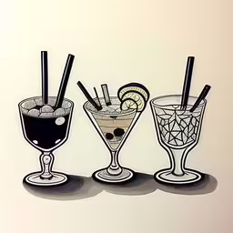 three cocktail drinks are lined up in a line,the paper is cut to make two glasses