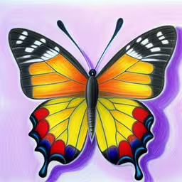 a butterfly is seen in this drawing,a butterfly drawing, done in acrylic on colored paper,a butterfly is shown with yellow and red wings,a yellow and black butterfly with long wings,a painted butterfly sits in the middle of a drawing