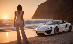 woman looking at white sports car on the beach