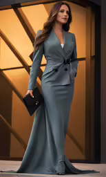 a woman wearing a long gray dress and jacket