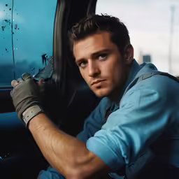 the young man has all blue on his shirt