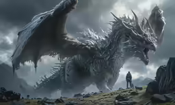 two people stand in front of a giant dragon on top of a rock
