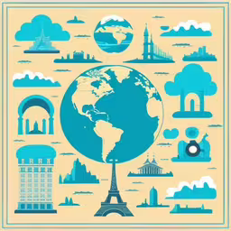 a poster with the symbols of different countries and locations around the world,a poster with many travel objects and their location