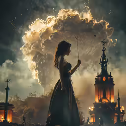 a woman wearing a dress is holding a small stick and walking across a bridge in front of a city skyline