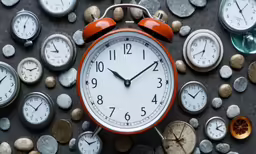 a group of clocks with a red hands sit on top of coins