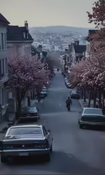 an empty town street is shown during the day