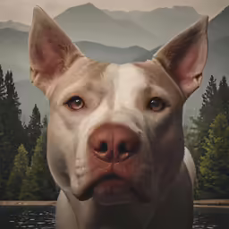 a white dog with blue eyes is looking directly at the camera