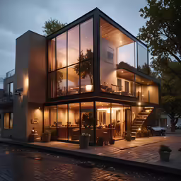 a house that looks to be lit up at night