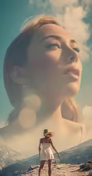 a girl looks up with her head in the air