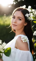a woman with an off - shoulder white blouse is holding flowers