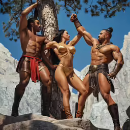 some guys and girls wearing costumes near trees