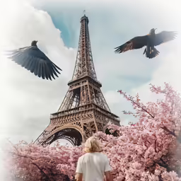 a woman with flowers standing near a tall tower