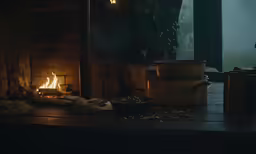 the woman sits by a fire and watches the cooking