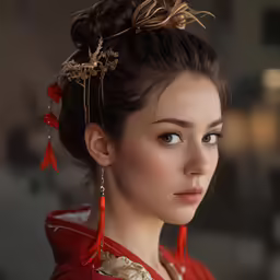 a young lady with a red oriental dress