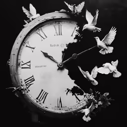 black and white photograph of birds flying near a clock