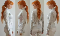 the back side of a redhead girl in white clothes